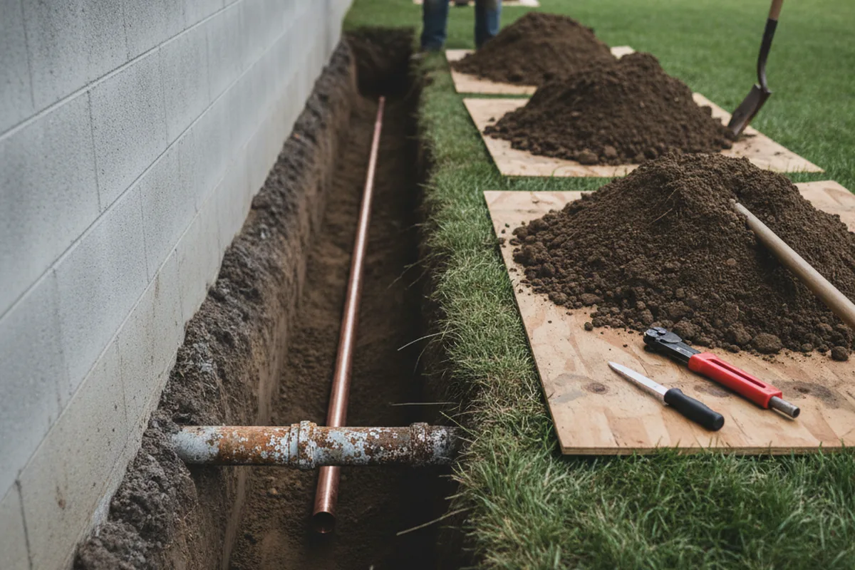 Excavated water line trench during Water Heater Repair in Maple Plain
